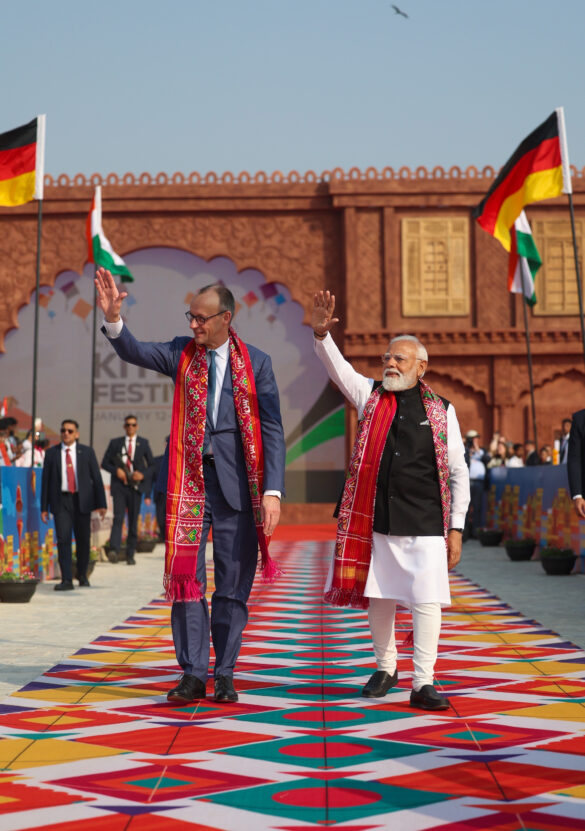 PM and German Chancellor Friedrich Merz, participates in the International Kite Festival at the Sabarmati Riverfront at Ahmedabad, in Gujarat on January 12, 2026.