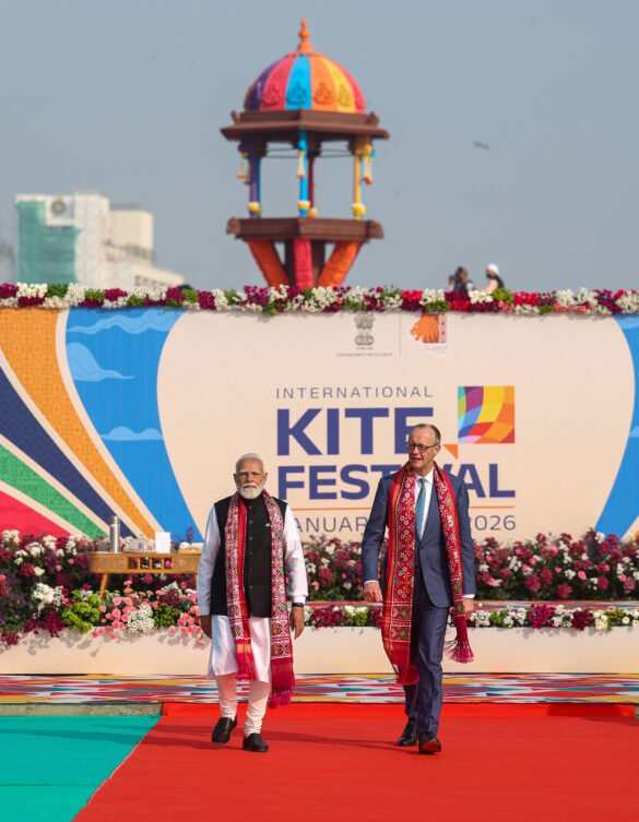 PM and German Chancellor Friedrich Merz, participates in the International Kite Festival at the Sabarmati Riverfront at Ahmedabad, in Gujarat on January 12, 2026.