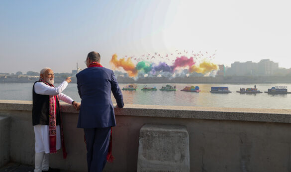 PM and German Chancellor Friedrich Merz, participates in the International Kite Festival at the Sabarmati Riverfront at Ahmedabad, in Gujarat on January 12, 2026.