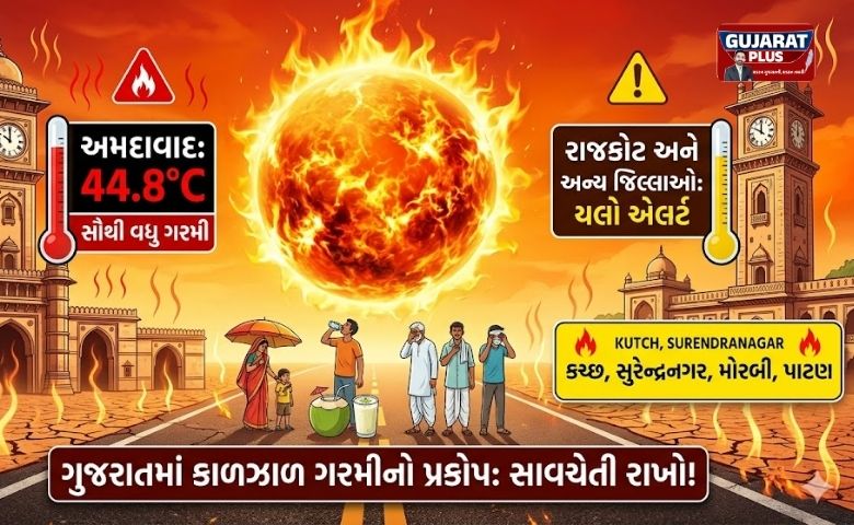 ગુજરાતમાં ગરમીનો કહેર: અમદાવાદમાં પારો 44.8 ડિગ્રીએ પહોંચ્યો. રાજકોટ, કચ્છ અને સુરેન્દ્રનગરમાં હીટવેવનું યલો એલર્ટ જાહેર. જાણો ક્યારે મળશે રાહત.