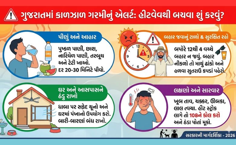 ગુજરાતમાં વધતી ગરમી અને હીટવેવ (Heatwave) થી બચવા સરકારની માર્ગદર્શિકા જાહેર. લૂ થી બચવાના ઉપાયો, લક્ષણો અને પ્રાથમિક સારવાર વિશે સંપૂર્ણ માહિતી મેળવો.